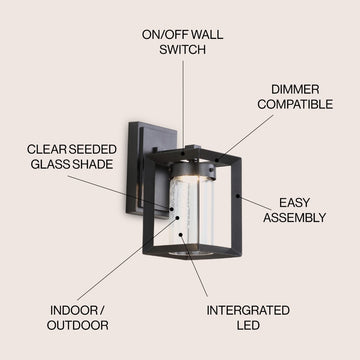 Nate 6.75" Outdoor Modern Cube Bubble Glass/Metal Integrated LED Wall Sconce - JONATHAN Y